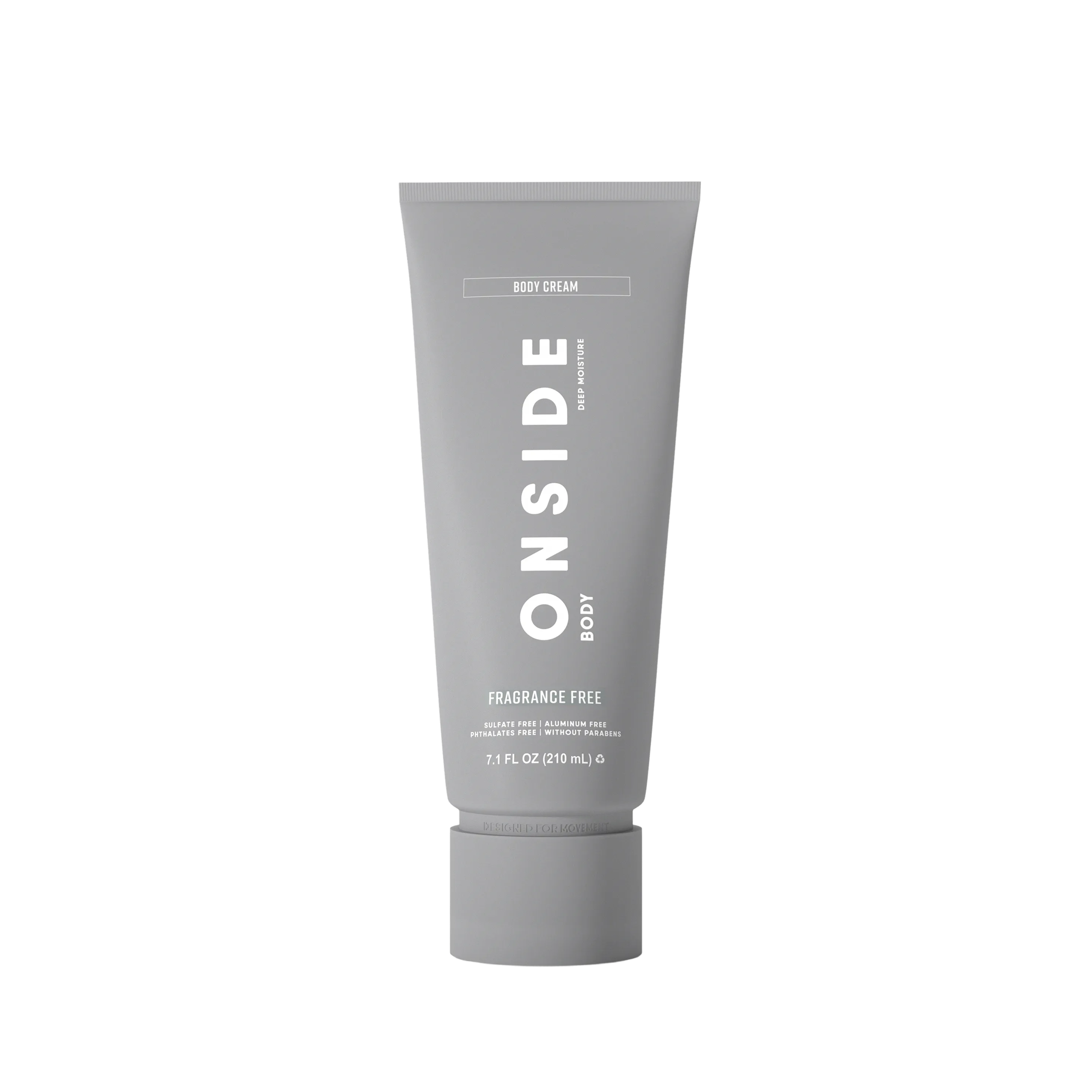 Gray tube of 'ONSIDE' body cream on a white background