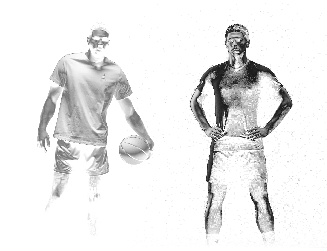 Jayson Tatum holding a basketball and Jude Bellingham standing with his hands on his hips