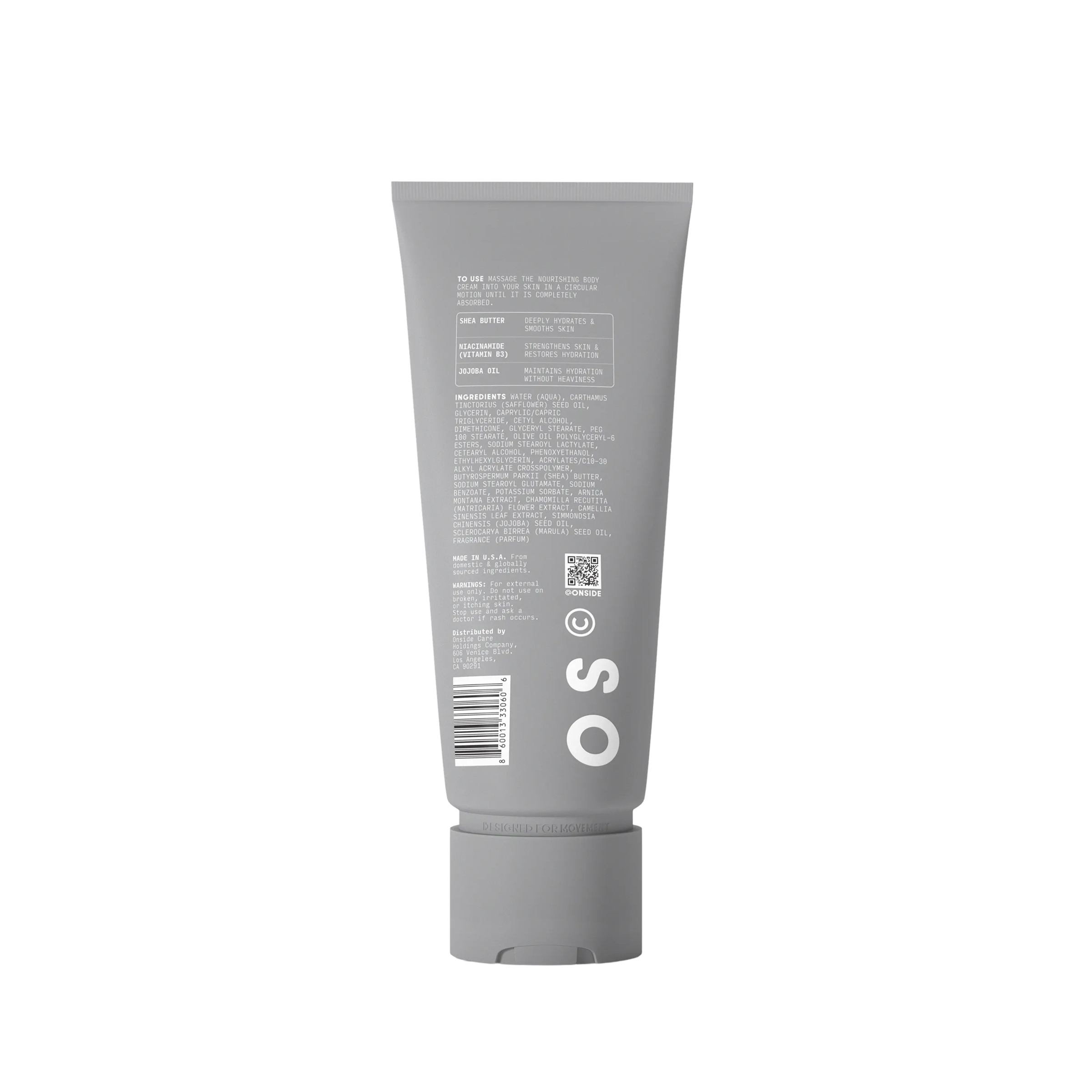 Gray tube with branding and text on a white background