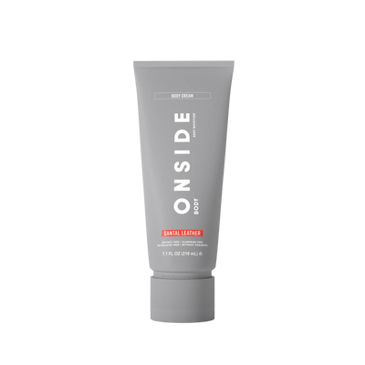Gray tube of 'ONSIDE' body cream on a white background