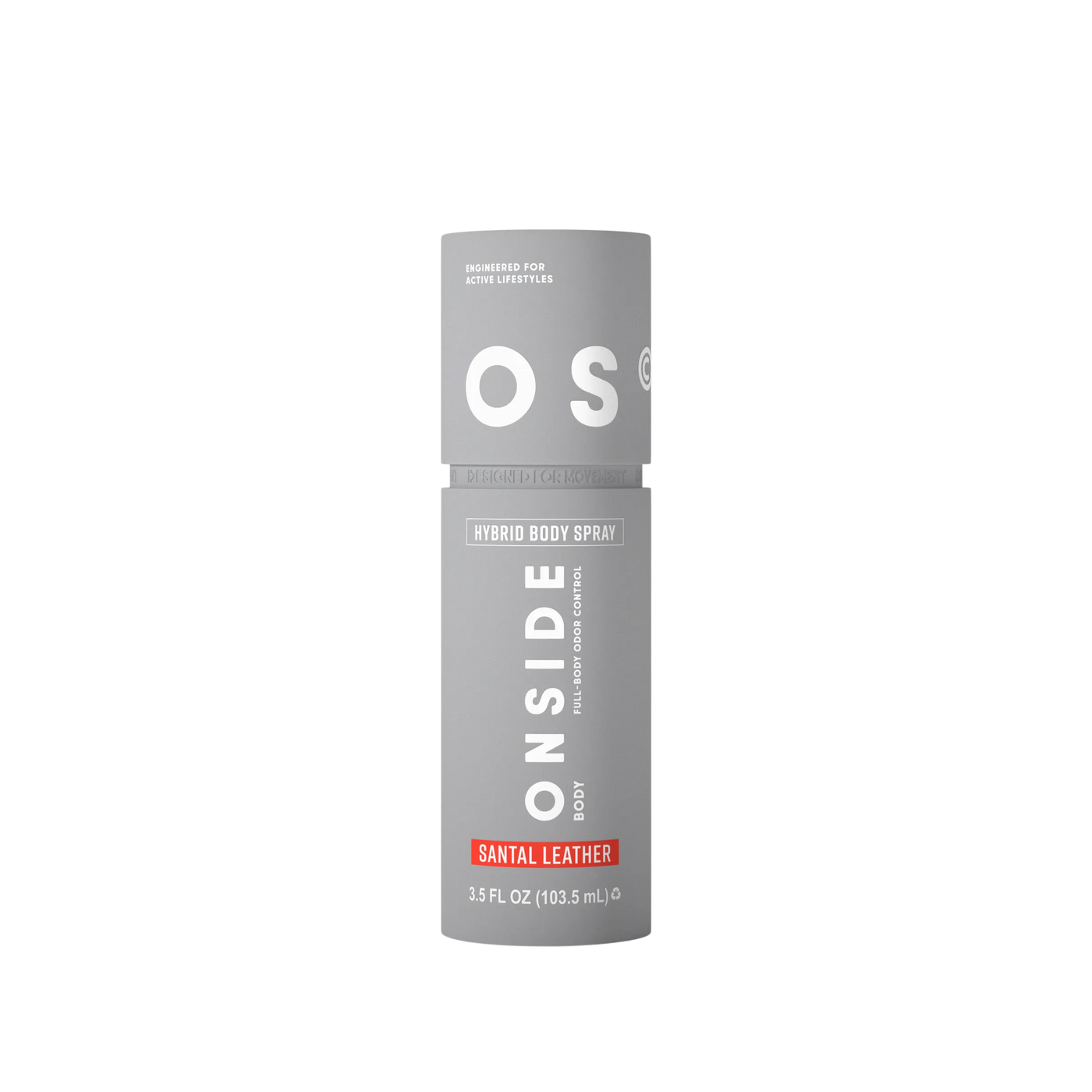 Gray body spray bottle with 'OS' branding on a white background