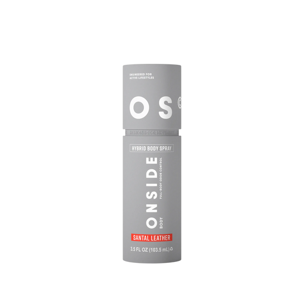 Gray body spray bottle with 'OS' branding on a white background