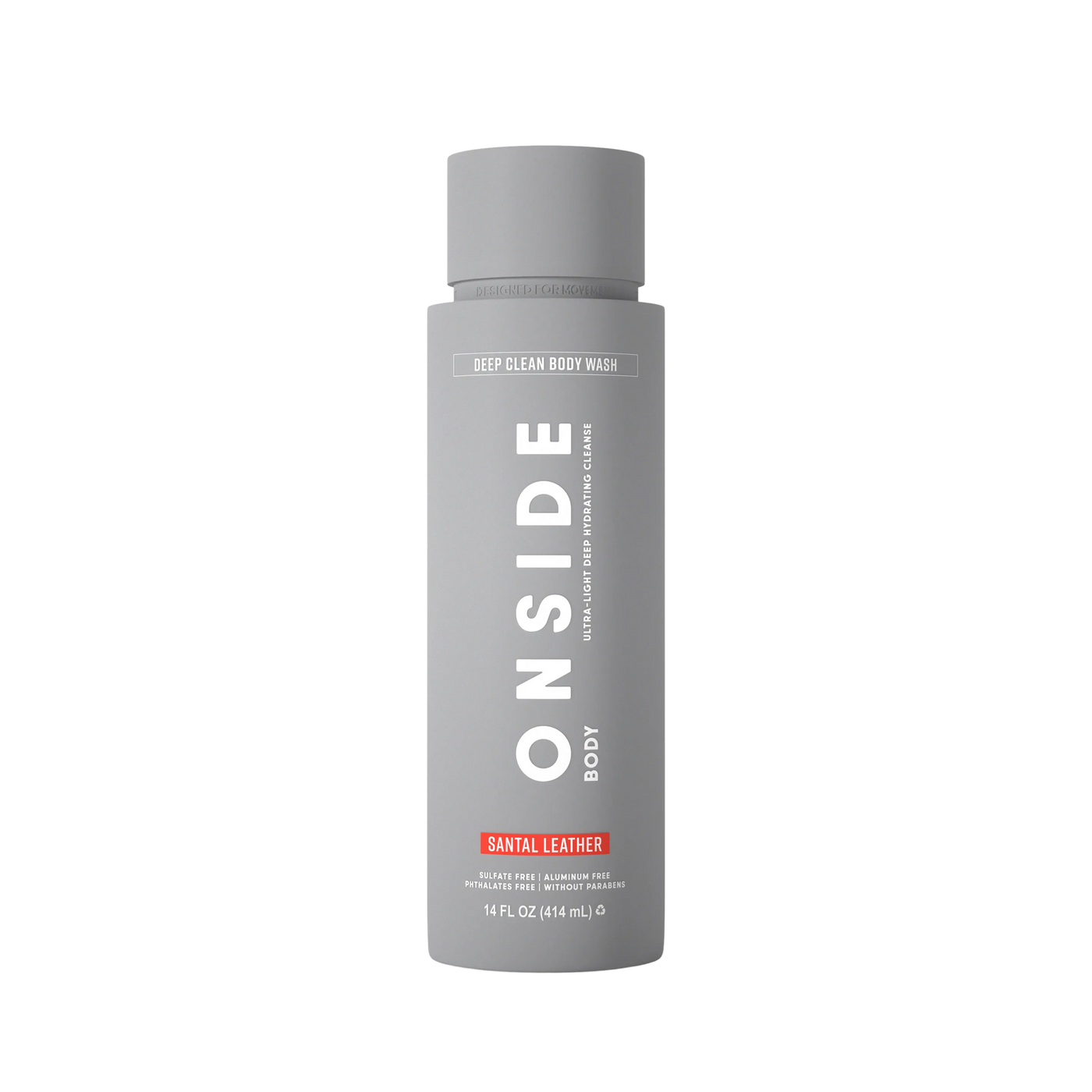 Gray body wash bottle labeled 'ONSIDE' on a white background