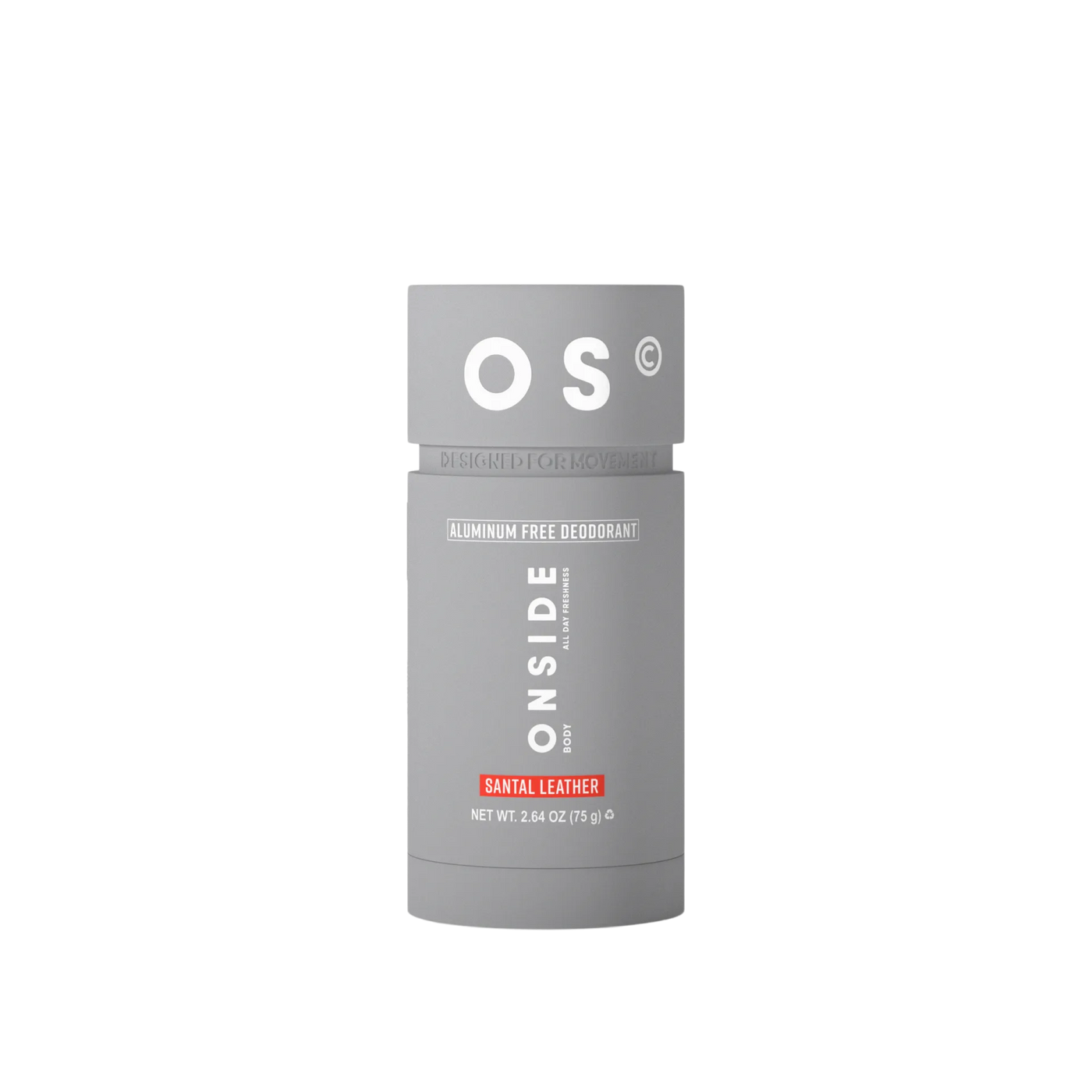 Gray deodorant stick with 'OS' branding on a white background