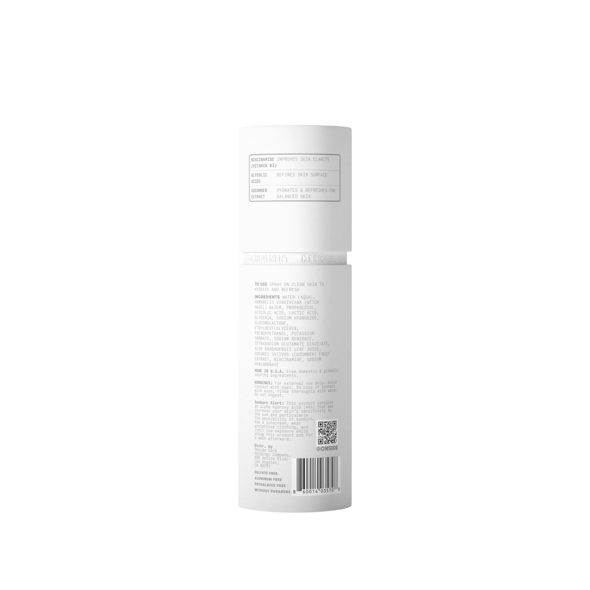 White cylindrical container with text and a barcode on a white background
