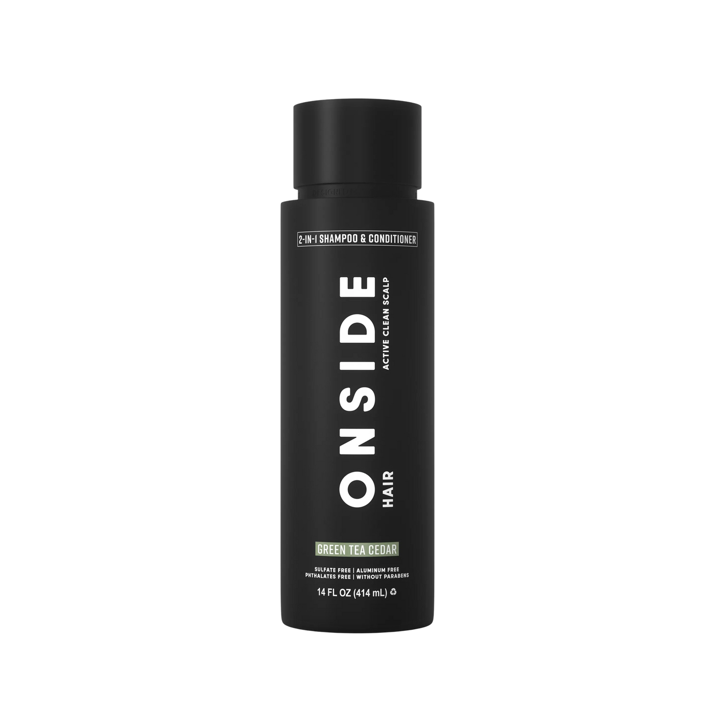 Black bottle of ONSIDE shampoo and conditioner on a white background