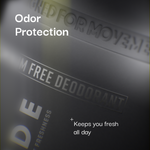 A close-up photograph of dark grey product packaging with embossed text reading 'DESIGNED FOR MOVEMENT' and 'ALUMINUM FREE DEODORANT', featuring white overlay text: 'Odor Protection - Keeps you fresh all day'.