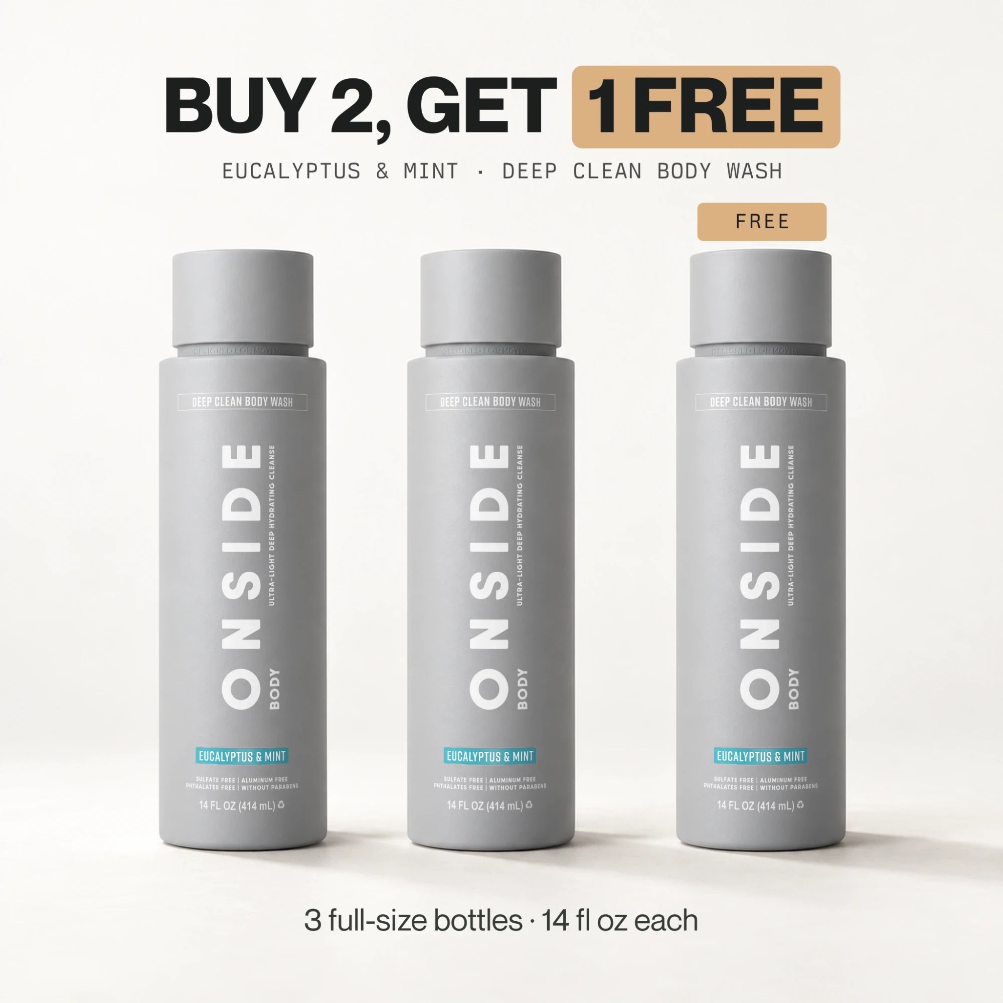 Buy 2, get 1 free: three full-size Eucalyptus & Mint Deep Clean Body Wash bottles, 14 fl oz each