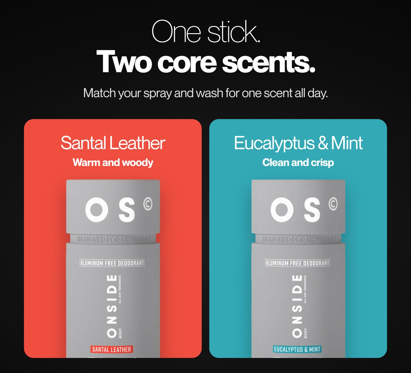 Two core scents: Santal Leather and Eucalyptus & Mint